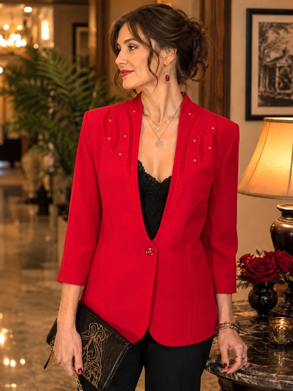 Red Geometric Blazer Jacket w/ Gold Dots Vintage 70s Pride & Joy Plus Size 22W